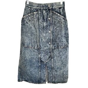 VTG Y2k Acid Wash Denim Skirt 24 Rock Grunge Midi 80s Stud Festival High Waist